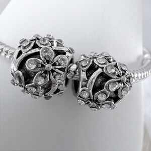 2 PCs Silver Bead Charm Fits Snake Chain‎ Bracelet Floral Rhinestone Jewelry New